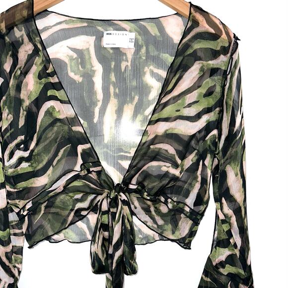 Asos Design Fairy Sheer Tie Front Ruffle Sleeve Crop Top Size 8 - Picture 4 of 15